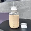 Water Bottles Ins Style Glass Bottle Time Scale Coffee Cup Double Cap Leak-proof Glasses With Lid And Straw Drinking