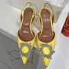 Designer Sandals Amina muaddi Dress Shoes Satin pointed slingbacks Bowtie pumps Crystal-sunflower high heeled shoe 9.5cm Women's Luxury sexy Party Wedding Shoes 10cm