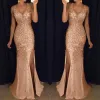 Dress Gold Sequined Sling Mermaid Dress Women Elegent Evening Prom Party Ball Gown Vestidos Sexy V Neck Slits Bridesmaid Dress