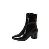 Bottines noires à cheville pour femmes blanches, chaussures classiques à talons bas, courtes, en cuir verni, grande taille, automne hiver, 373, 563