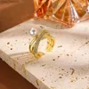 Bandringar 6st Tren Round Pearl Classic Rings for Women Colorful Zircon Brass Gold Color Crystal Ring Femme Wedding Party Jewelry Gift L240305