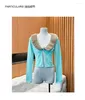 Vrouwen Knits Herfst 2024 Koreaanse Slanke Top Kleding Hoge Kwaliteit Wol Haar Kraag Blauw Gebreid Vest Sexy Dames Korte jas