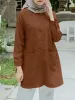 Топы ZANZEA, осенняя Абая, хиджаб, мусульманская блузка, винтажная рубашка с отворотом и длинным рукавом, женская рубашка из Дубая, Турции, повседневные однотонные длинные топы