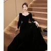 Casual Dresses Black Velvet Dress Autumn Winter Women's Beading Square Neck Long A-Line Elegant Female Party Evening Q899