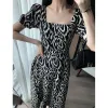 Dress Summer Elegant Fashion Zebra Printed Waist Long Dress Ladies Square Collar Short Sleeve Casual Vestido Women Robe Female Clothes