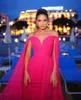 라인 Fuchsia Chiffon Prom Dress 2024 Open Long Sleeves 여성 유명인 드레스 어깨 공식 이브닝 파티 가운 Robe de Soiree