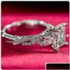 Fedi nuziali Gioielli di lusso fatti a mano Real 925 Sterling Sier Tre pietre Princess Cut Topazio bianco Cz Pietre preziose Diamanti Eternità Donne Dhqua