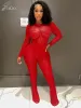 Suits Jokaa Red Lace Two Piece Set Women Sexig Se genom långärmad bodysuit och blossade byxor som matchar 2023 Midnight Club Outfits