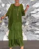 エレガントなソリッドシフォンボーホンロングドレススプリングラウンド首の女性プルオーバードレス秋のハーフバットスリーブケーキスカートドレス2403051