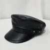 Autumn And Winter Ladies Flat Top PU Leather Caps Black Hat Fashion Men's Hats Warm Thick Cap Bone Navy Wide Brim267E