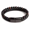 Link pulseiras moda pedra couro trançado preto aço inoxidável fecho magnético tigre olho grânulo pulseira masculino jóias e167