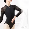 Abbigliamento da palco Body da balletto per le donne Danza Pizzo nero Hollow Back Abiti da ballerina per adulti Body a maniche lunghe Costume con colletto alla coreana