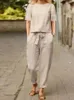 ZANZEA Летняя женская блузка с коротким рукавом и штанами-шароварами, комплекты из 2 предметов, однотонный спортивный костюм, комплекты из двух предметов, свободный наряд, повседневные одинаковые комплекты 240226