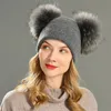 Dubbele Echt Bont Pom Pom Hoed Vrouwen Winter Caps Gebreide Wollen Hoeden Skullies Mutsen Meisjes Vrouwelijke Natuurlijke Twee Bont PomPom Beanie Hoed 20343F