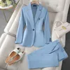 Traje de oficina liso para mujer, chaqueta y pantalones de Color azul, marrón, traje de pantalón de primavera y otoño de 2 piezas 240226