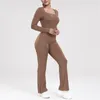 Active Sets 2024 Nude Long Sleeve Yoga Set Women One Piece Jumpsuit Gym Workout Flare Legging Fitness Pant Bodysuit Sports Athletic Suit