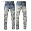 Jeans da uomo firmati AM jeans viola pantaloni jeans da uomo strappati ricami pentagramma patchwork tendenza pantaloni da moto di marca abbigliamento scarno 240305