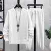 2024 Spring/Summer New Mens Two Piece Linen Fabric Casual Sports Shirt and Sports Pants Set Mens Sports Wear Fashion Sports Wear 240305