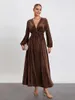 Casual Dresses Women's Fall Velvet Dress Long Sleeve Deep V Neck Solid Color A-Line Vintage Flowy