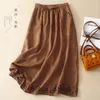 Skirts 2024 Spring Summer Arts Style Women Elastic Waist Loose A-line Vintage Embroidery Cotton Linen Long P303