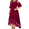 Plus Size Women Dress Flare Short Sleeve Cold Shoulder Brodery Elegant Dress Party Lace Patchwork High-Low Hem Dress Summer 240229