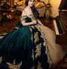 Hunter Green Vestidos De Anos Quinceanera Kleid Perlen Gold Applikation Spitze Kristalle Diamanten Mexi Kleid für 15 Jahre Geburtstag