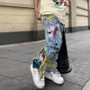 Pintura chinesa bordado remendo jeans rasgados para homens streetwear lavado destruído plissado reto jean masculino borlas 240304