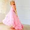 Robes de fille rose fleur 3DFlower haut bas col en V à volants Tulle dos nu pour robes de concours de mariage robe d'anniversaire pour enfants