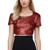 T-shirt da donna Girocollo a maniche corte con paillettes Ombelico esposto Top Donna alla moda Sexy O-Collo Camicia in tinta unita Camicetta