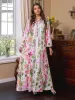 Dress Floral Abaya Evening Long Dress for Women Beaded Trimming Gulf Jalabiya Caftan Muslim Ramadan Eid Moroccan Printed Kaftan