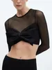 Kvinnors blusar Elegant Bow Gaze Top Chic Long Sleeve Sexig genomskinlig kläder 2024 Streetwear kvinnliga korta toppar