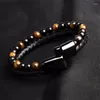 Link pulseiras moda pedra couro trançado preto aço inoxidável fecho magnético tigre olho grânulo pulseira masculino jóias e167