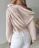 Women's T Shirts For Color Solid Blouses 2024 Spring Summer Rose Detail Ruched Skew Neck Long Sleeve Chiffon Elegant Sexy Top