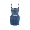 Fashion Denim Two 2 Piece Dress Set Women Jeans Sexy Halter Sleeveless Crop Top Vest And High Waist Midi Mini Skirt Sets Suit Outfits