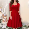 Kleid OTEN Frauen Vintage Kleid Hochzeit Gast Herbst Halbe Hülse Solide Rot Weihnachten Party Casual Abendkleider Midi Vestidos De Fiesta