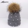 Gorros de lã feminino real natural pele de raposa pom poms moda pérola chapéu de malha meninas feminino gorro boné pompom chapéus de inverno para mulher y2218s