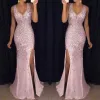 Robe Sexy Longue Paillettes Paillettes Or Rose Robe De Soirée pour Femmes Élégante Robe De Soirée De Bal Demoiselle D'honneur Paillettes Bal Col en V Robe Femme