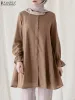 Топы ZANZEA, винтажная женская однотонная мусульманская рубашка, летняя блузка, свободная однотонная блузка с рюшами, повседневная блузка с длинным рукавом, Дубай, Турция, Абая, хиджаб, топы