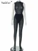 Suits Nadafair Vrouwen Tweedelige Sexy See Through Black Mesh Mouwloze Bodycon Body Leggings Party Club Broek Sets Zomer Panty