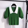 Костюмы, женские летние модные трикотажные футболки, юбки в горошек, комплект из двух частей, 2022, корейские женские изящные топы с воротником Питера Пэна, зеленые наряды