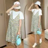 Dresses Summer Maternity Dress Short Sleeve ONeck Fashion Floral Patchwork Pregnant Woman Chiffon Dress Sweet Loose Pregnancy Clothes