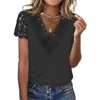 Женские блузки Женская блузка-рубашка Сплошной цвет с коротким рукавом и кружевной строчкой с v-образным вырезом и вырезом на каждый день Свободный женский летний топ с вырезом