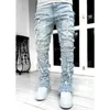 Мужские джинсы скинни с бахромой в стиле хип-хоп, с эластичной нашивкой в стиле панк-рок, длинные облегающие джинсы, джинсовые брюки, сине-розовая уличная одежда 240304