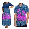 Casual Jurken Polynesische Stammen Ontwerp Blauw Paar Pakken Dames Samoaanse maxirokken met ronde hals en Hawaiiaanse herenoverhemden