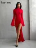 Vestido hawthaw feminino 2024 primavera outono elegante manga longa festa clube streetwear bodycon vermelho vestido longo itens por atacado para negócios