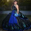 Gorgeous Black Mexican Quinceanera Dress 2024 Photography Elegant Blue Flower Embroidered Sweet 16 Birthday Party Gowns Sash Vestidos De Xv 15 Anos Robe De Mariee