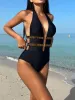 Swimwear Sexy Black Knitted Patchwork One Piece Swimsuit 2023 Women V Neck Hollow Out Backless Bathing Suit Tummy Control Swimwear