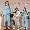 Conjuntos de roupas Primavera Outono Meninas Algodão Solto Alfabeto Preppy Moletom Sweatpant Escola Crianças Tracksuit Criança Jogging Outfit 7-16 Anos