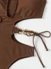 Swimwear Sexy Cut Out Brown Bikini Women High Neck Metal Ring Chain Backless Thong One Piece Swimsuit Beach Bathing Suit Swimwear 2024