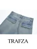 Jeans trafza outono solto jeans mulher na moda sólida meados de cintura botão bolsos decorar zíper estilo streetwear da mulher calças largas perna